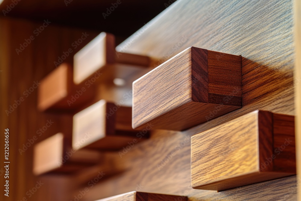 Poster a close-up view of a wooden shelf filled with wooden building blocks, suitable for use in educationa