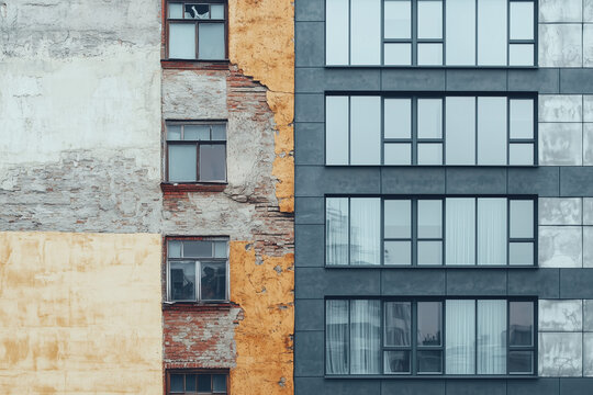 Concepto de gentrificaci&oacute;n: una vieja casa en ruinas que se desvanece junto a un edificio moderno. Ambos edificios, uno antiguo y el otro nuevo, contrastan.