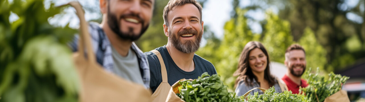 Personas sonrientes con compras realizadas en agricultura ecol&oacute;gica en un mercado