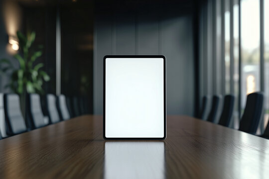 Pantalla de tableta blanca vac&iacute;a sobre la mesa de la sala de reuniones, vista frontal centrada en el medio