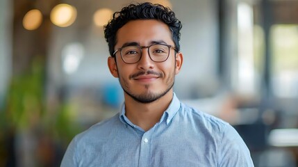Fototapeta premium A young Latin businessman, dressed in professional attire, holds a digital tablet and looks at the camera in an office environment, framed in a vertical portrait.