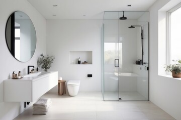 Minimal White Bathroom Design With End To End Glass Partition