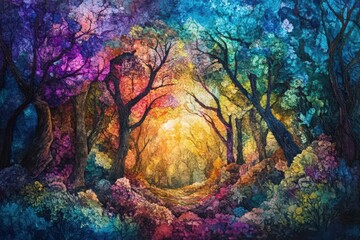 Fototapeta premium A Rainbow Path Through A Vibrant Enchanted Forest