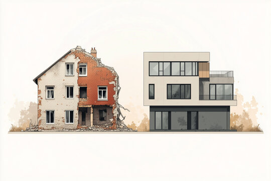 Concepto de gentrificaci&oacute;n: una vieja casa en ruinas que se desvanece junto a un edificio moderno. Ambos edificios, uno antiguo y el otro nuevo, contrastan.