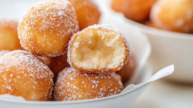 Fluffy deep-fried dough balls dusted with sugar, served with coffee on an elegant dish in a soft-lit setting