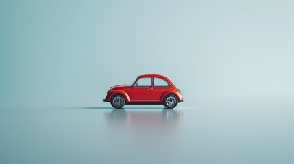 Obraz premium A small toy car isolated on a smooth, white reflective surface with soft shadows.