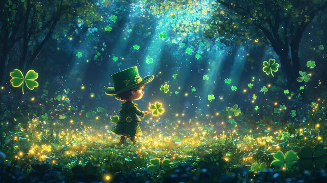 Leprechaun sobre fondo verde con trebol de cuatro hojas y otros elementos t&iacute;picos del d&iacute;a de San patricio