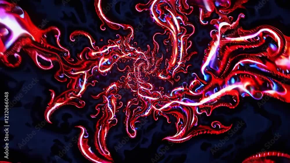 Poster swirling patterns of red and blue light create a mesmerizing visual experience in a digital art spac