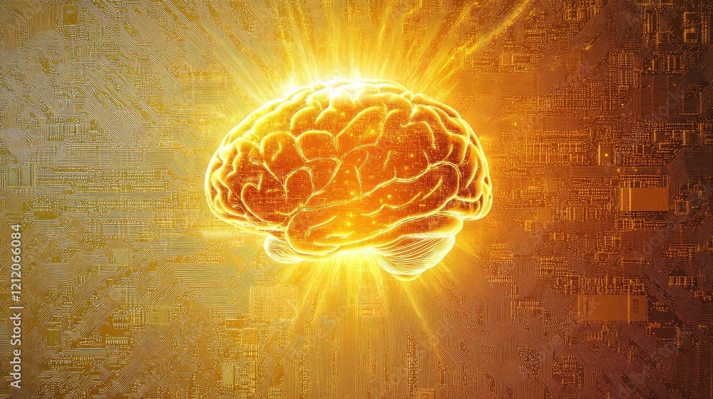 Poster a conceptual image of a glowing brain hovering above a circuit board.