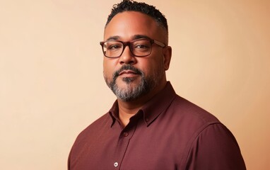 Obraz premium A confident full-figured man with a trimmed beard and glasses, wearing a burgundy button-up shirt, posed on a pastel cream surface