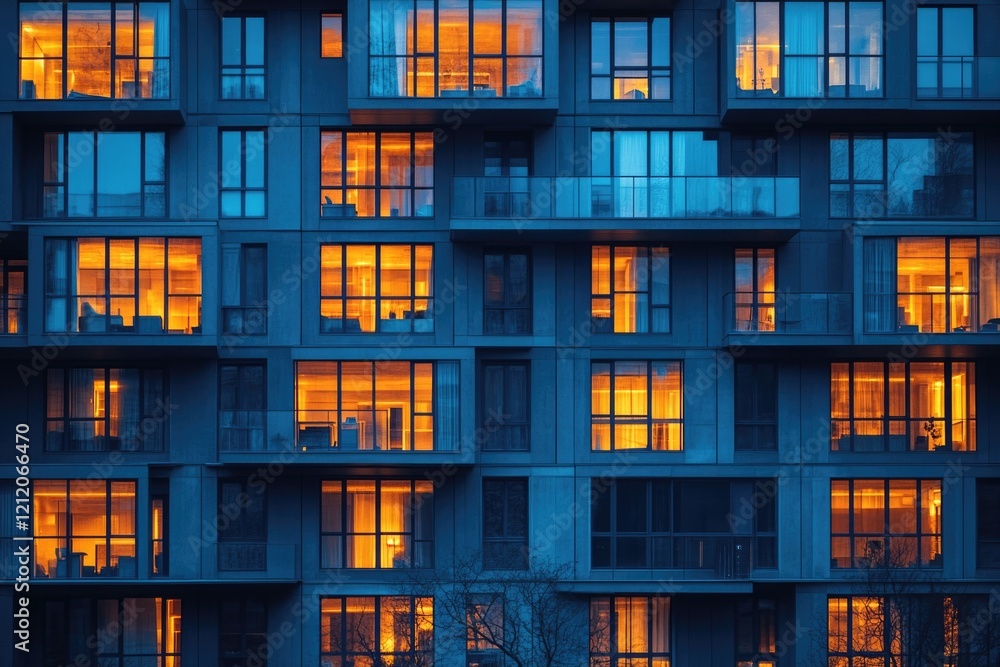 Poster A modern cityscape featuring a towering building with numerous windows aglow in the evening hours, suitable for use in architecture or urban-themed projects