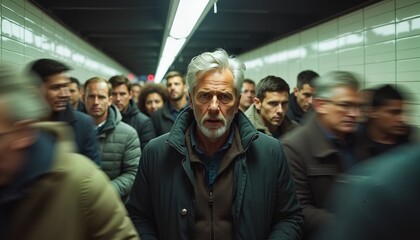 Fototapeta premium Pensive Elderly Man in Busy Subway Tunnel, Symbolic of Urban Isolation