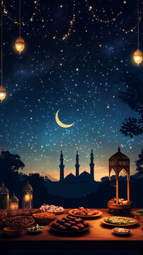 Ilustraci&oacute;n de una mezquita con adorno de luna dorada y estrellas y comida tras el ayuno