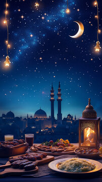 Ilustraci&oacute;n de una mezquita con adorno de luna dorada y estrellas y comida tras el ayuno