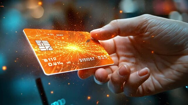 Digital Payment Revolution: A hand delicately holds a futuristic, glowing credit card, symbolizing the seamless and secure transactions of the digital age.