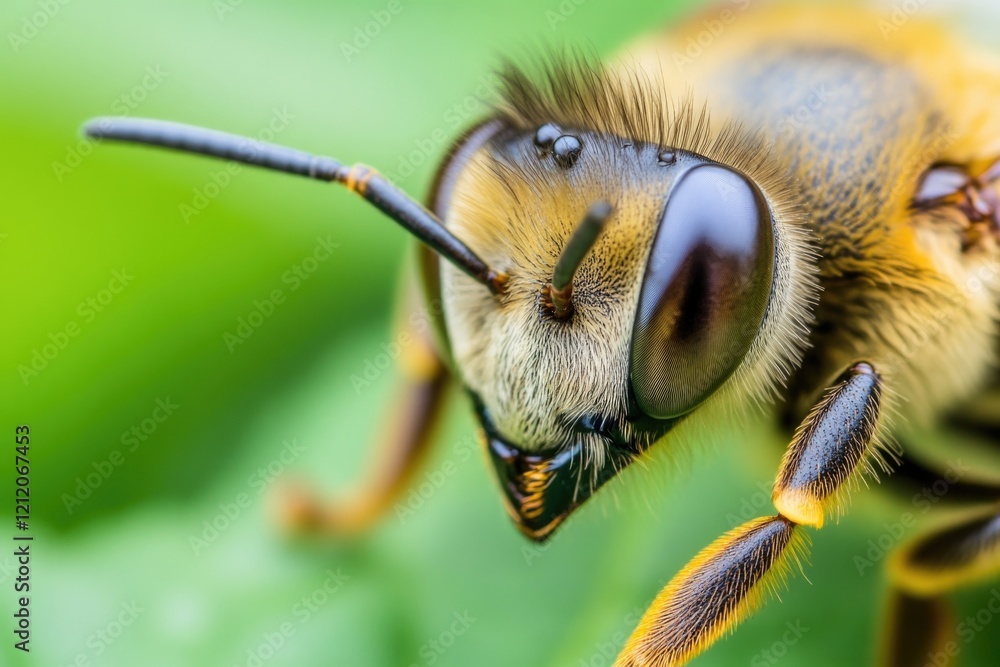 Poster close-up view of a bee sitting on a leaf, highlighting its details and surrounding foliage