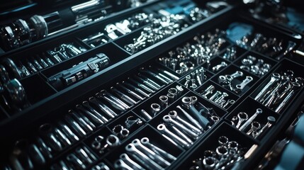 Fototapeta premium A professional toolbox with organized compartments of wrenches and pliers.