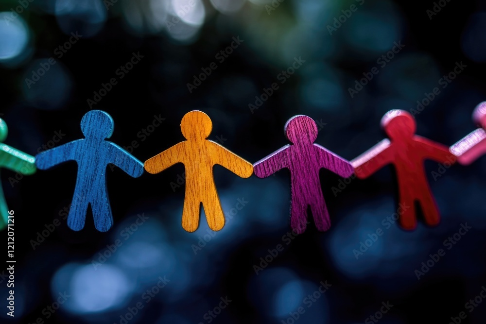 Poster Group of paper cutouts forming human chain on a string, creative concept for unity and community