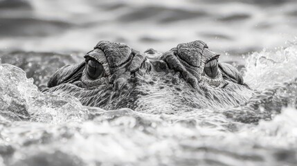 Fototapeta premium Monochrome portrait of an alligator emerging from rippling water in its natural habitat
