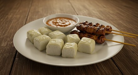 A plate of sliced ketupat served with satay and peanut sauce on a wooden table