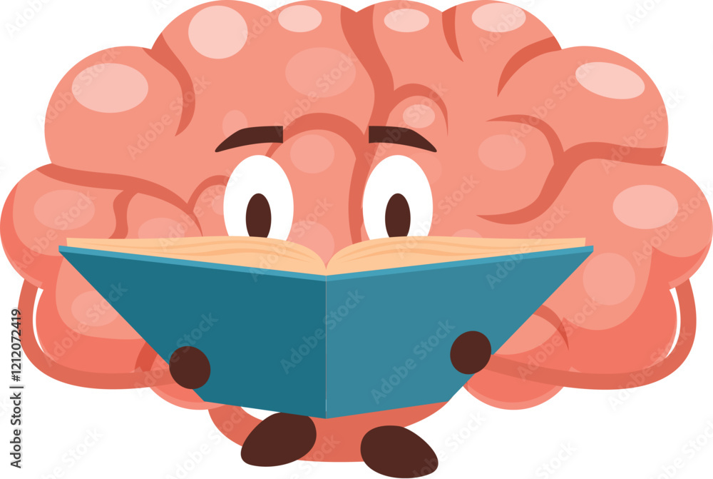 Poster human brain character reading a book, enjoying studying and learning new concepts, intelligence and 
