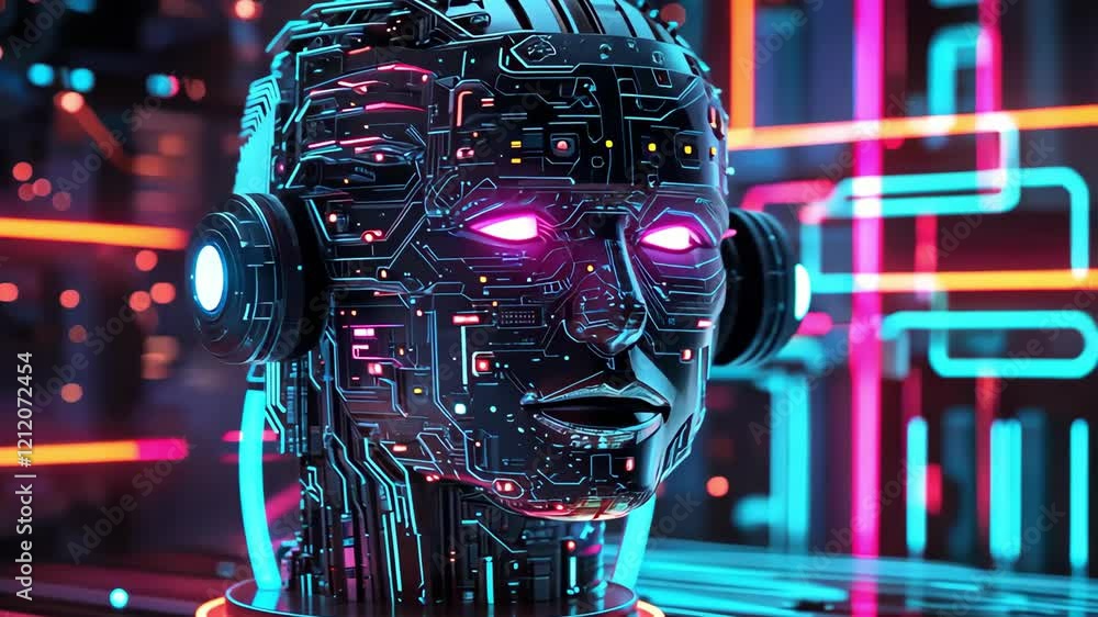 Poster futuristic robot head with neon circuits emits vibrant colors, emphasizing innovation and cybernetic