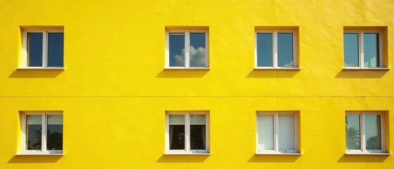 Fototapeta premium Sunny Yellow Building Facade with Symmetrical Windows