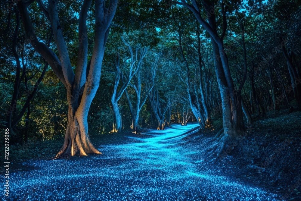 Wall mural Enchanting Night Path Through Glowing Blue Forest