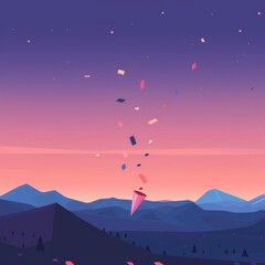 Fototapeta premium A colorful confetti explosion in the sky over a mountain range at dusk.