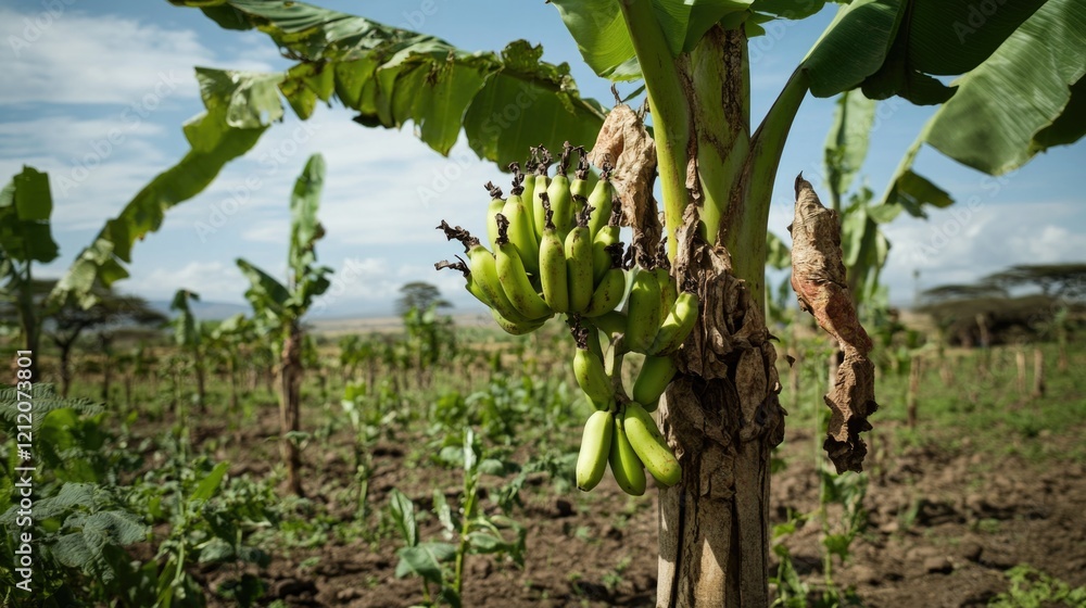 Poster a bunch of ripe bananas hang from the branches of a tree in an open field