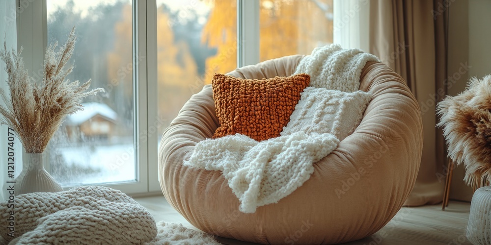 Poster a chair with a blanket wrapped around it sits in front of a window, perfect for a cozy reading nook 