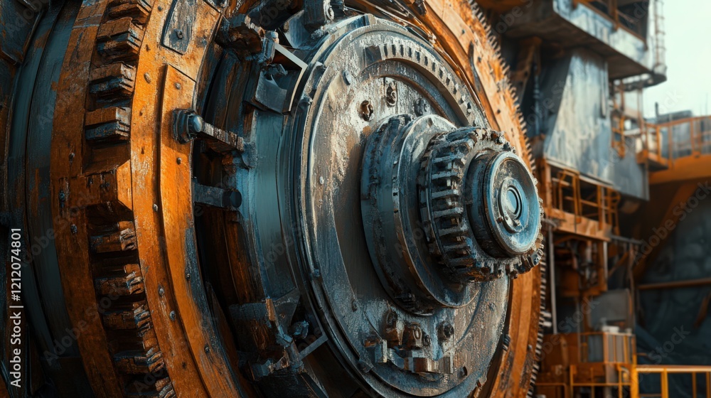 Poster close-up of a large, rusty industrial machine with multiple gears and a weathered finish