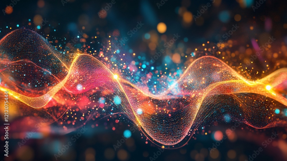 Poster abstract wavy lines with glowing particles on dark background with bokeh effect