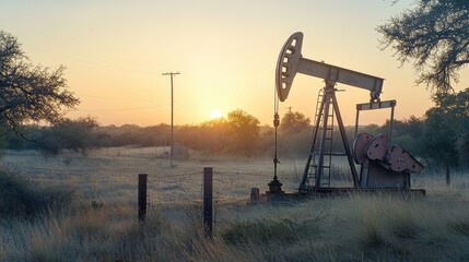 Naklejka premium An oil pump stands alone in a vast field at sunset