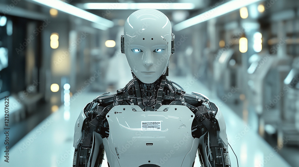 Aufkleber a futuristic humanoid robot with a sleek design and glowing blue eyes in a high-tech laboratory, sym