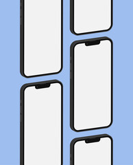 Smartphone mockup illustration. Blue background, blank screens. Multiple screens scroll view.