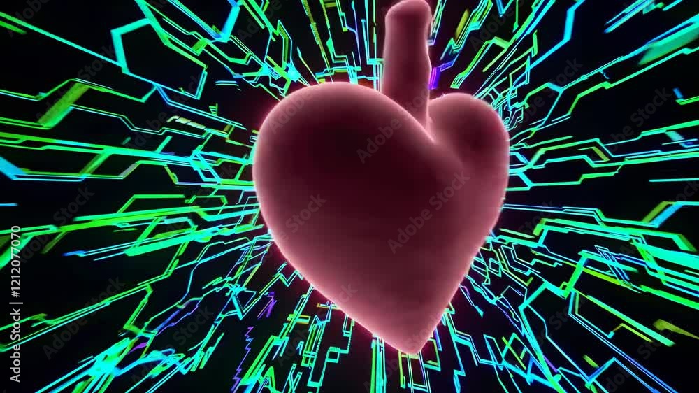 Poster Exploring digital art with vibrant colors and pulsating heart visuals in a creative environment
