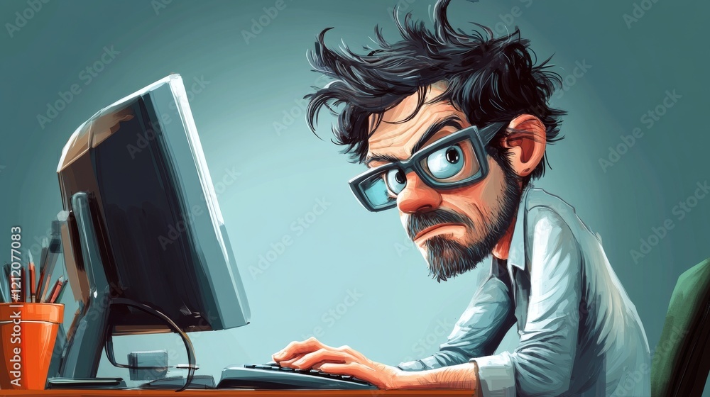 Poster caricatura di un programmatore al computer
