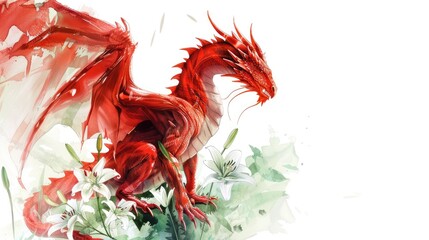 St. David's day Welsh red dragon spreads its powerful wings, gliding gracefully with white lilies. The lush green backdrop enhances the creature's vibrant colors. banner with copy space.