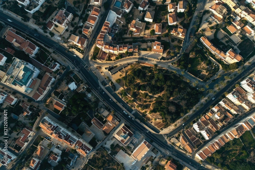 Poster aerial view of a bustling metropolis with numerous buildings and structures
