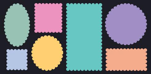 Set of frames with zigzag edge, scallop edge shape. Rectangular, circle, oval and square scalloped frames. Isolated elements for design of text box, badge, banner.	
