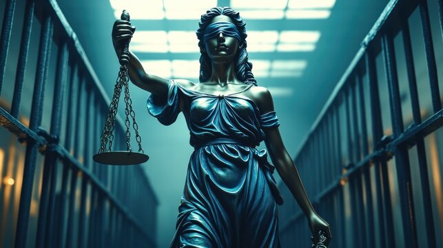 Justice statue, prison cell hallway, scales, blindfolded, legal