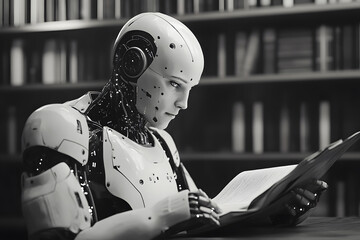 3D rendering of robot hominoid reading book, writing and solving math data analytics in concept of future mathematics artificial intelligence, data mining and 4th fourth industrial revolution .