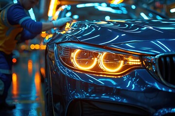A person in a factory environment works on a car, with various machinery and tools nearby