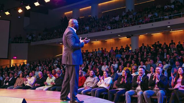 Engaging speaker captivates audience with inspiring message at a packed conference hall