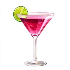 A vibrant Cosmopolitan cocktail with vodka, cranberry juice, and lime