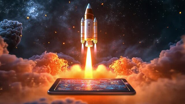 Cosmic Launch: A powerful rocket ascends from a smartphone screen, symbolizing the boundless possibilities of technology and innovation. This captivating image evokes a sense of ambition, progress.