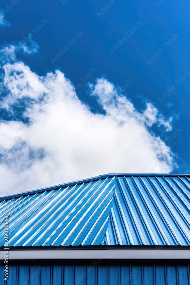 Poster a detailed image of a blue metal roof featuring a clock, suitable for use in architectural or design