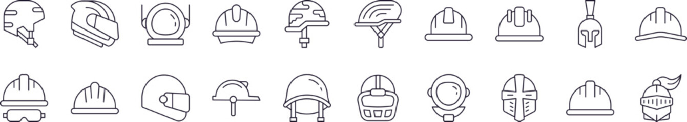 Collection of Helmet Related Line Icons. Outline Signs for Graphic and Web Design, Apps, Adverts, Various Cards
