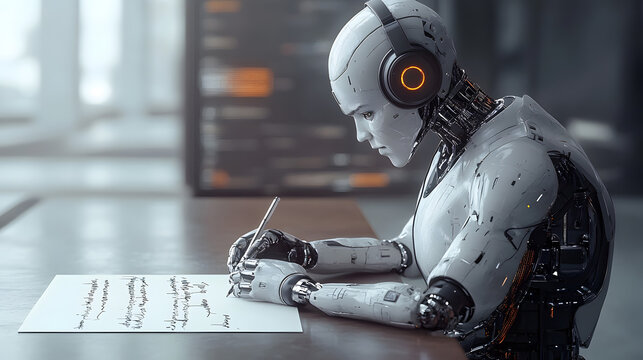 3D rendering of robot hominoid reading book, writing and solving math data analytics in concept of future mathematics artificial intelligence, data mining and 4th fourth industrial revolution .
